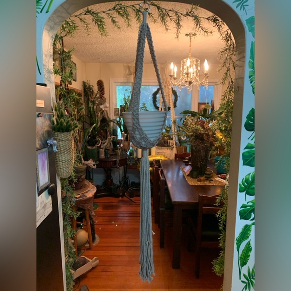 Other - Taupe Macrame Plant Hanger with White Pot. Hanger has one twisted band.
